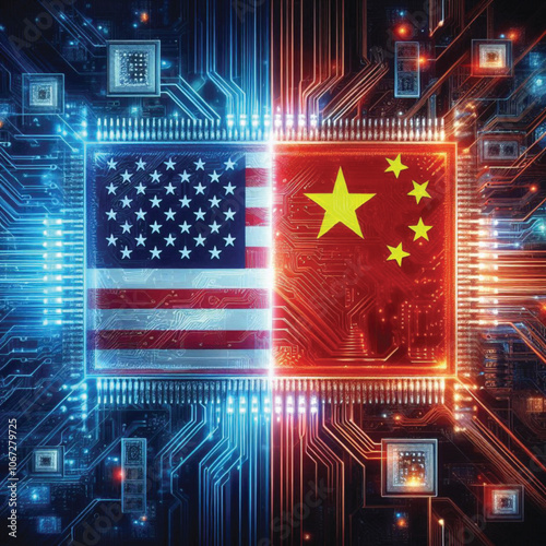 Represented by their national flags, the United States and China stand at the forefront of a technological trade war, fueled by intense energy and digital symbols of advanced AI and chip technology co