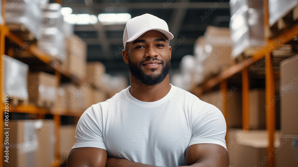 A man with a white shirt and a hat is standing in a warehouse A man with a white shirt and a hat is standing in a warehouse