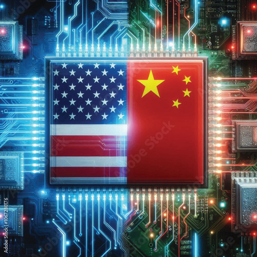 Represented by their national flags, the United States and China stand at the forefront of a technological trade war, fueled by intense energy and digital symbols of advanced AI and chip technology