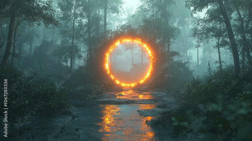 Fototapeta premium Explore the enigmatic portal a mystical journey through a luminous forest landscape at dusk