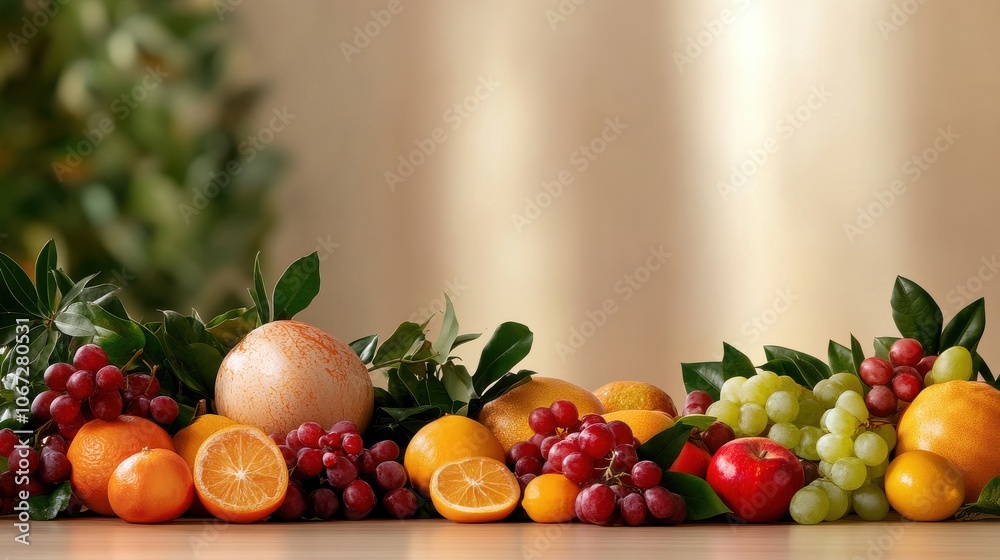 A table full of fruit including apples, oranges, and grapes