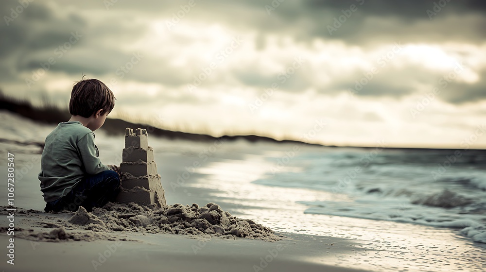 Solitary Child Building Sandcastle by Ocean Shore Solitary Child Building Sandcastle by Ocean Shore