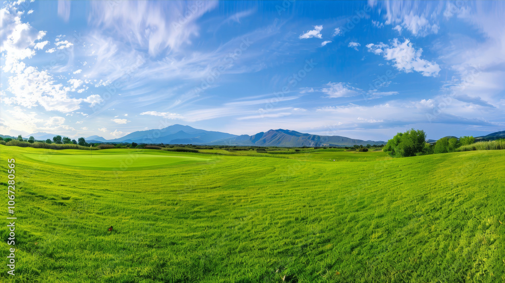 Obraz premium Beautiful green grass field with a blue sky and mounains