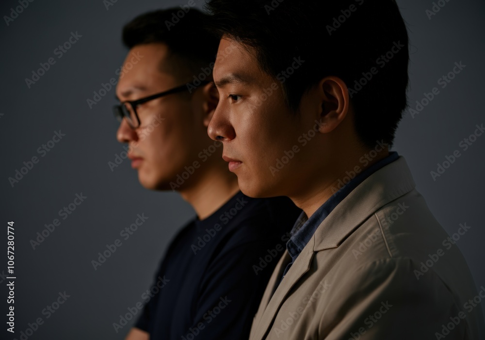 Two men standing side by side, one looking off to the side and the other looking directly at the camera. Two men standing side by side, one looking off to the side and the other looking directly at the camera.
