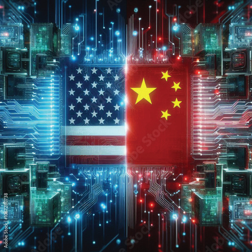 Represented by their national flags, the United States and China stand at the forefront of a technological trade war, fueled by intense energy and digital symbols of advanced AI and chip technology
