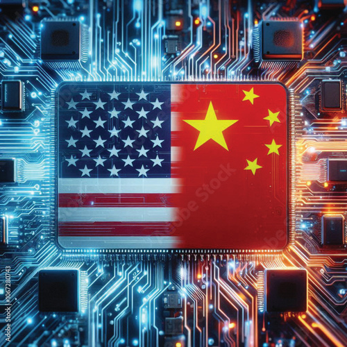 Represented by their national flags, the United States and China stand at the forefront of a technological trade war, fueled by intense energy and digital symbols of advanced AI and chip technology