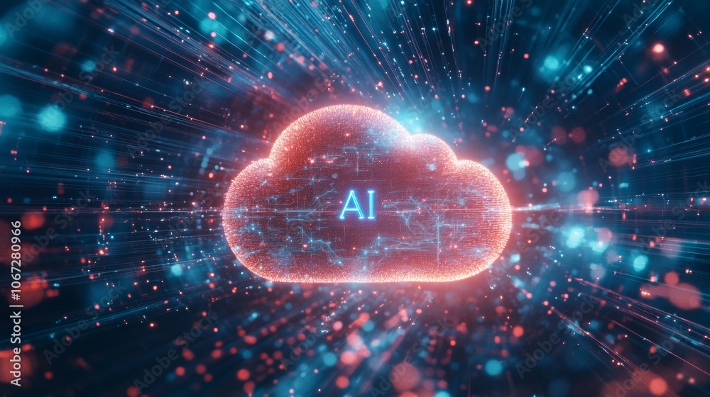 Futuristic AI Interaction, A dynamic exchange between a robot and a swirling data cloud, glowing particles illuminate the scene, embodying intelligence and technology. Futuristic AI Interaction, A dynamic exchange between a robot and a swirling data cloud, glowing particles illuminate the scene, embodying intelligence and technology.