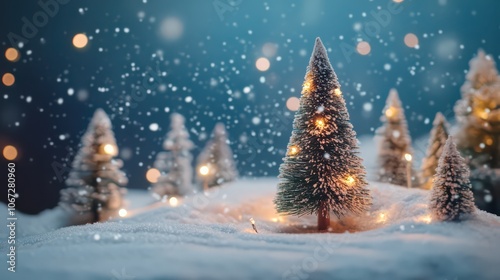 Cozy Christmas decoration with mini Christmas tree and lights on snowy background 