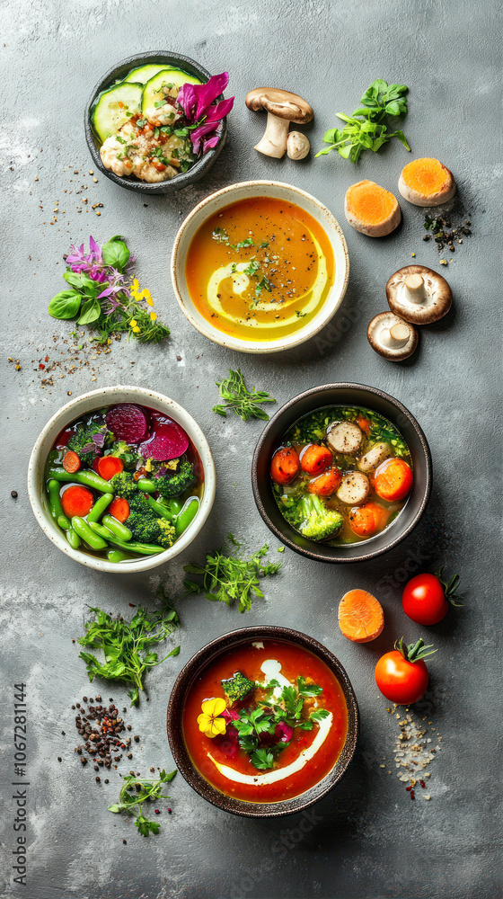 A Vibrant Selection of Fresh Vegetable and Mushroom Soups on a Stylish Table A Vibrant Selection of Fresh Vegetable and Mushroom Soups on a Stylish Table