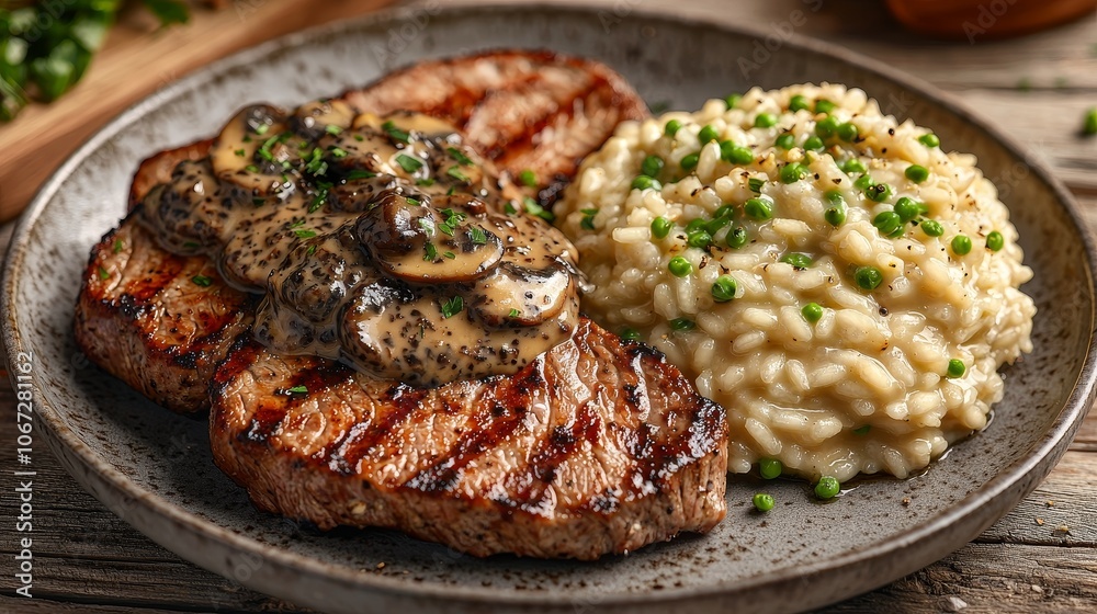 Savor delicious grilled steak with creamy mushroom sauce and flavorful risotto on a rustic plate Savor delicious grilled steak with creamy mushroom sauce and flavorful risotto on a rustic plate