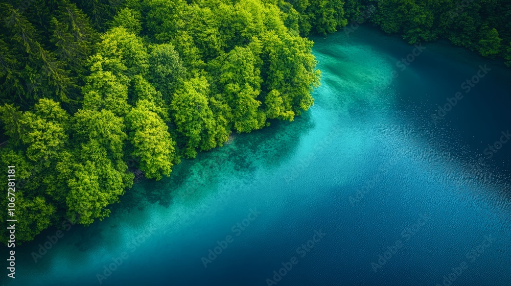 Aerial view of lush green trees surrounding a tranquil blue lake, creating a serene natural landscape, Ideal for nature-themed projects, business presentations, or environmental awareness campaigns, Aerial view of lush green trees surrounding a tranquil blue lake, creating a serene natural landscape, Ideal for nature-themed projects, business presentations, or environmental awareness campaigns,