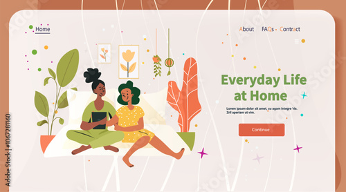 Two women relaxing at home cozy scene with plants and modern decor warm colors website landing page