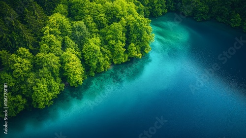 Aerial view of lush green trees surrounding a tranquil blue lake, creating a serene natural landscape, Ideal for nature-themed projects, business presentations, or environmental awareness campaigns,