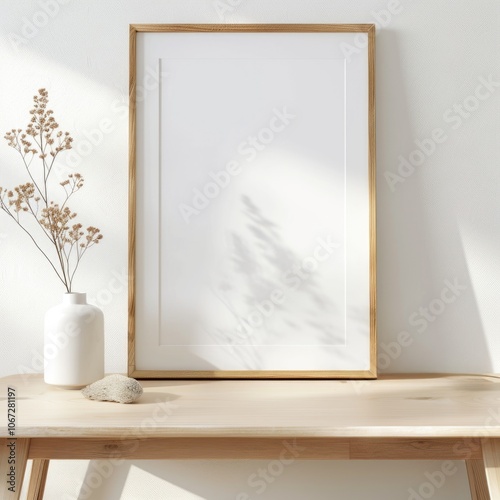 white picture frame on a wooden table minimalist mockup