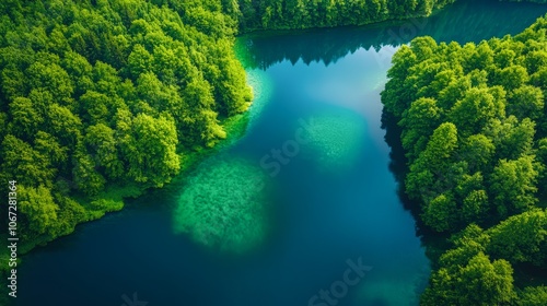 Aerial view of a serene river winding through lush, green forests, showcasing vibrant turquoise water and reflections of trees, Ideal for nature themes, environmental projects