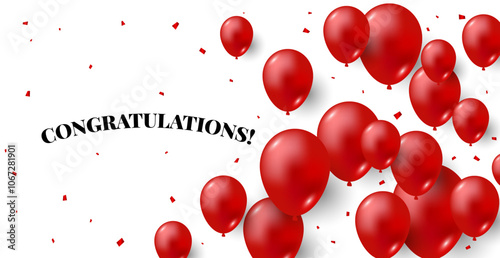 Congratulations Text With Confetti And Red Balloon Background. Vector Illustration. Celebration Banner