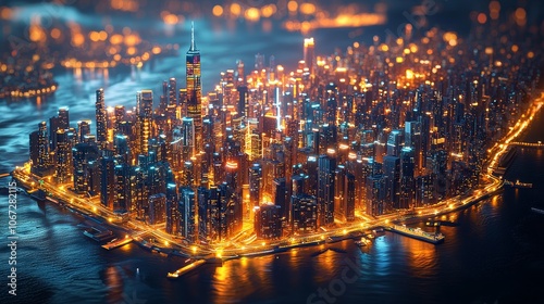 Discover the stunning nighttime aerial view of a vibrant cityscape illuminated by glowing lights