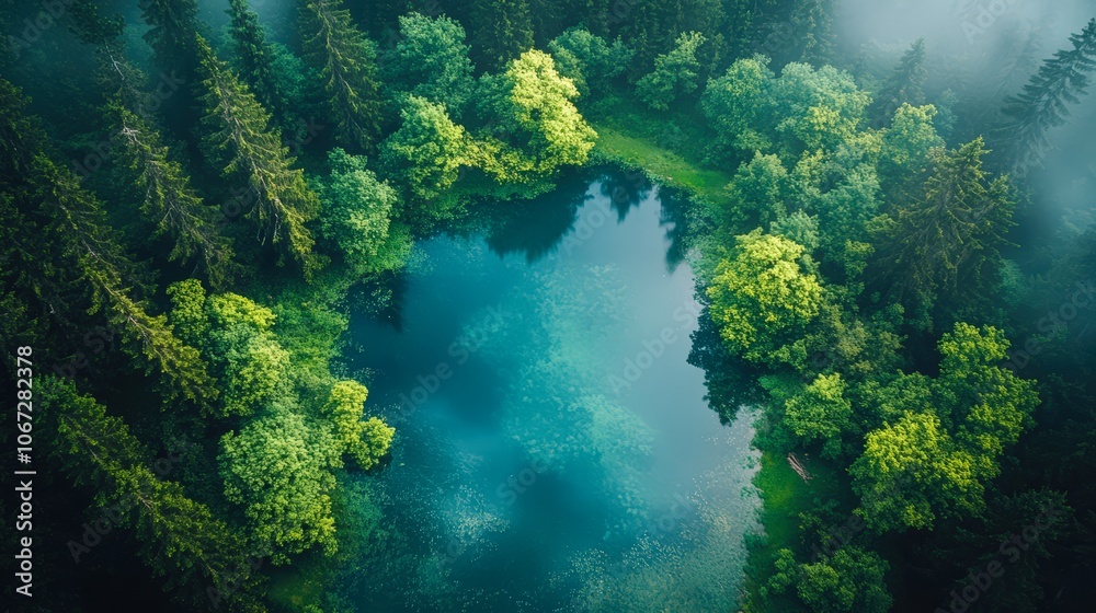 Aerial view of a serene pond surrounded by lush, vibrant trees in a dense forest, evoking tranquility and natural beauty, Ideal for eco-friendly projects, relaxation themes, or nature-related content Aerial view of a serene pond surrounded by lush, vibrant trees in a dense forest, evoking tranquility and natural beauty, Ideal for eco-friendly projects, relaxation themes, or nature-related content