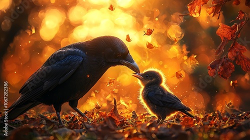 Mother Crow Feeding Her Chick in Autumn Light