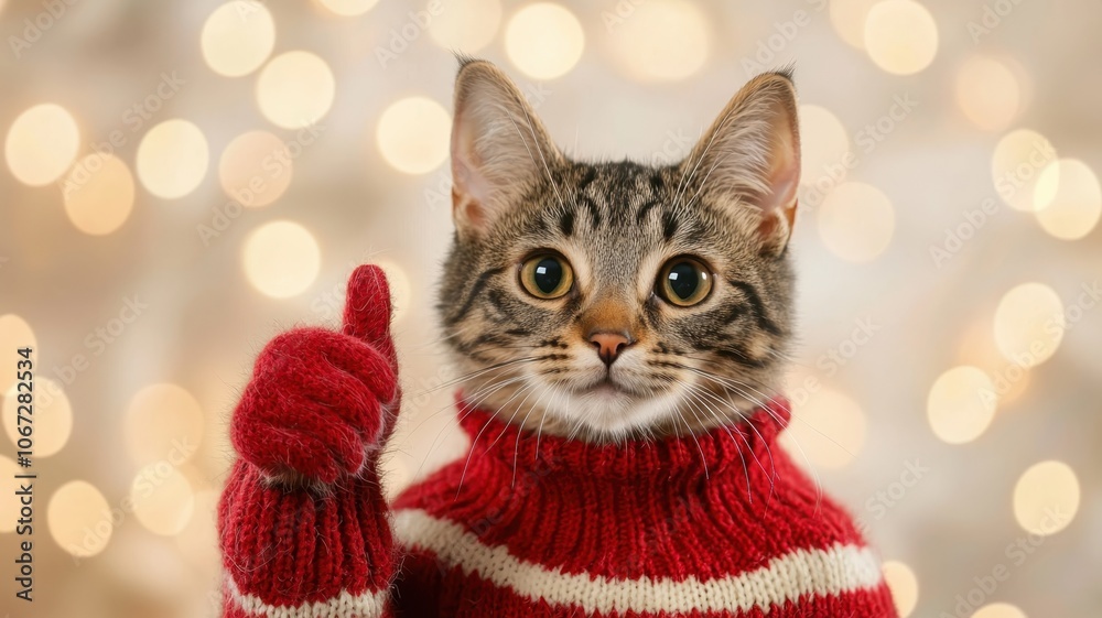 A festive cat in a red sweater gives a thumbs-up against a soft, glowing background, radiating holiday cheer. A festive cat in a red sweater gives a thumbs-up against a soft, glowing background, radiating holiday cheer.