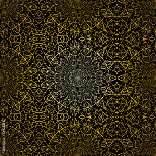 Geometric gold lace seamless pattern. Arabic tile lattice vector background.