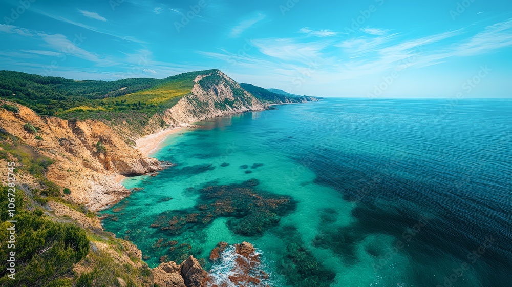 A stunning coastal view featuring rocky cliffs and clear turquoise waters, ideal for travel-related content, nature blogs, or promotional material for beach resorts and tourism companies, A stunning coastal view featuring rocky cliffs and clear turquoise waters, ideal for travel-related content, nature blogs, or promotional material for beach resorts and tourism companies,