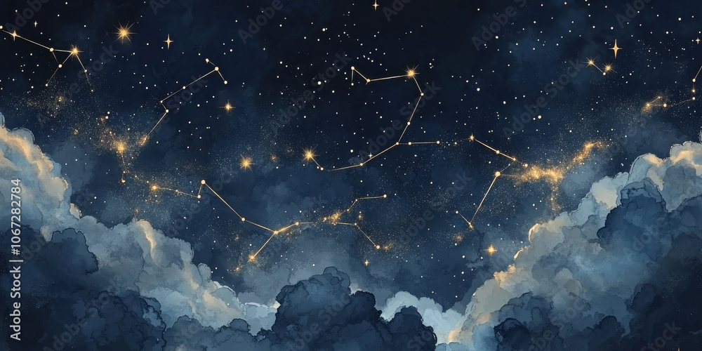 Seamless night sky pattern with gold foil constellations and stars, soft watercolor clouds in rich midnight hues, creating a dreamy celestial look