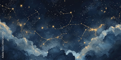 Obraz na płótnie Seamless night sky pattern with gold foil constellations and stars, soft watercolor clouds in rich midnight hues, creating a dreamy celestial look w salonie