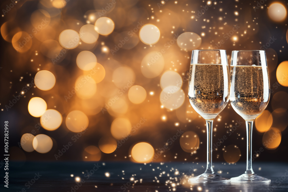 Two elegant champagne glasses filled with sparkling drink against a festive bokeh background, perfect for celebrations and special occasions. Two elegant champagne glasses filled with sparkling drink against a festive bokeh background, perfect for celebrations and special occasions.