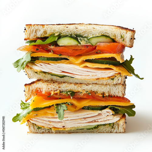 A gourmet sandwich with layers of turkey, cheese, and fresh veggies, isolated on a white background, showcasing appetizing details