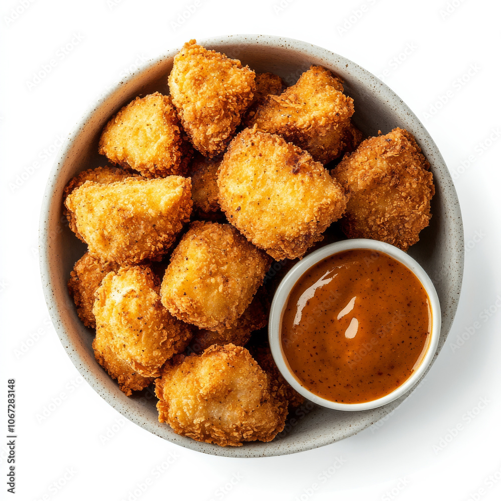 A bowl of golden chicken nuggets with a side of dipping sauce, isolated on a white background, showcasing a popular snack