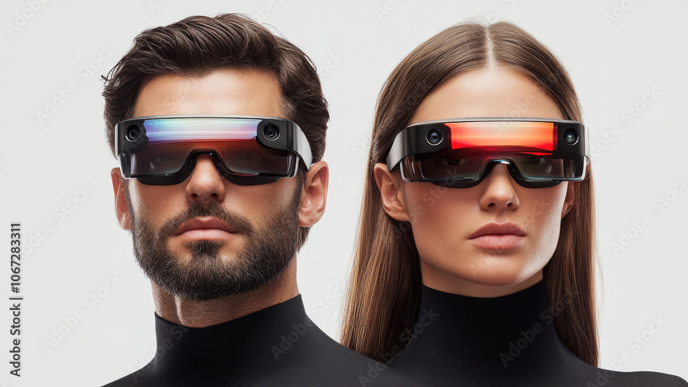 Two models wearing futuristic black smart glasses against a neutral background Two models wearing futuristic black smart glasses against a neutral background