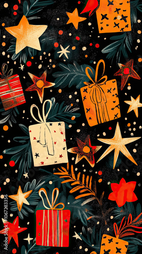 Whimsical abstract patterns inspired by Christmas traditions, featuring stars and gift shapes in