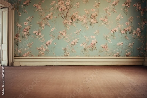 Vintage floral pattern wallpaper wall living room and woden floor in the modern victorian styles architecture building indoors.