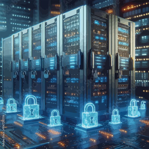Network server rack with glowing locks and protective barriers