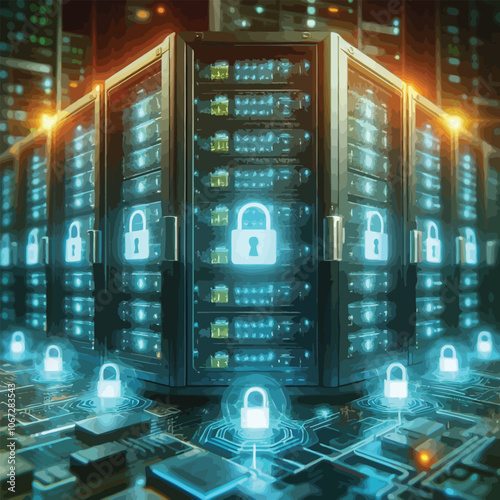 Network server rack with glowing locks and protective barriers