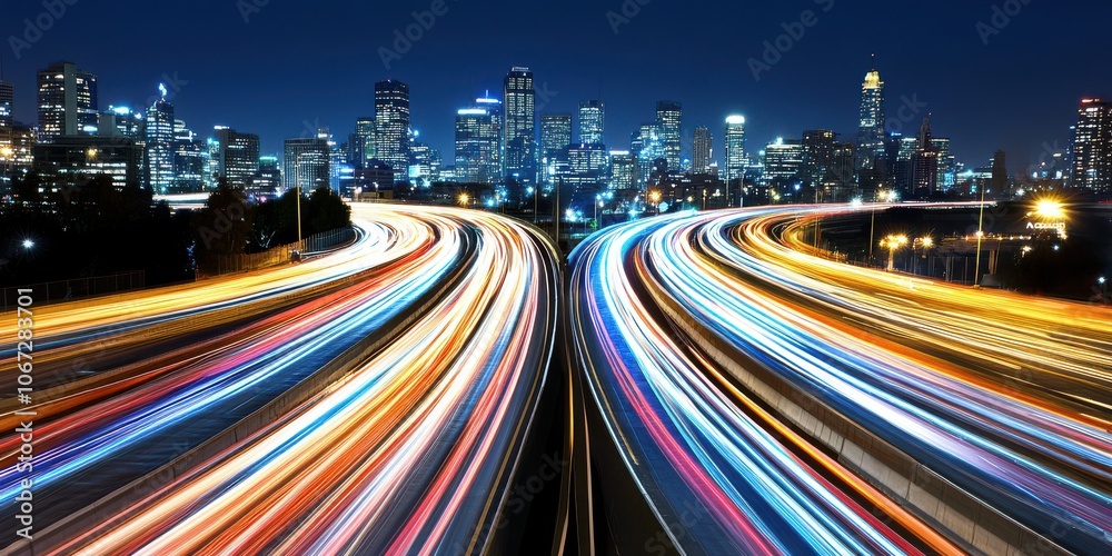 Fototapeta premium Cityscape with Light Trails on Highway at Night
