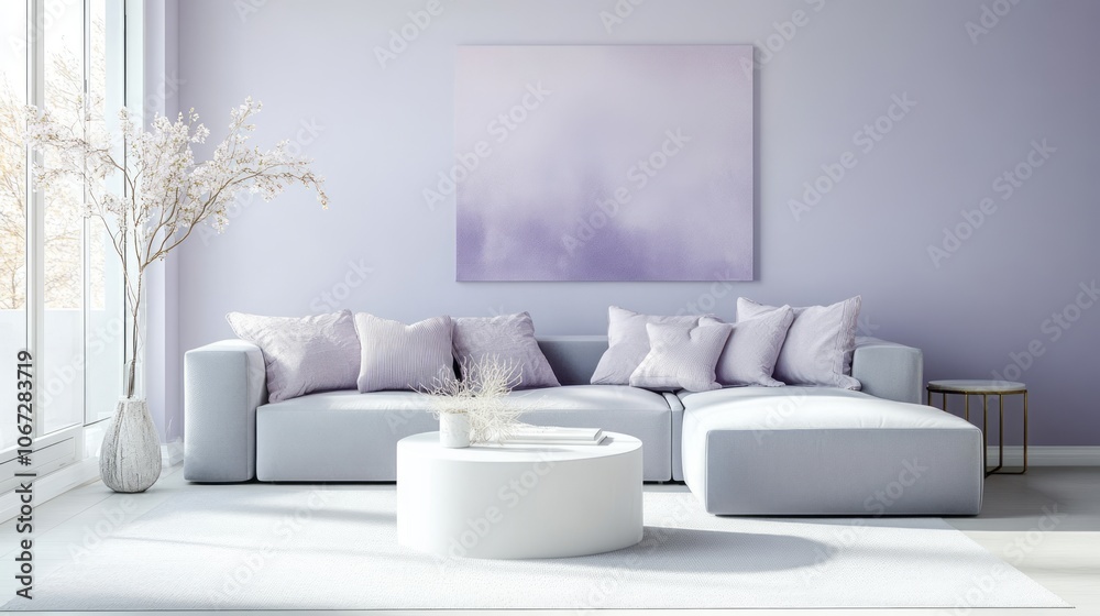 A Modern Living Room with a Grey Sectional Sofa, White Coffee Table, and Pale Purple Walls A Modern Living Room with a Grey Sectional Sofa, White Coffee Table, and Pale Purple Walls