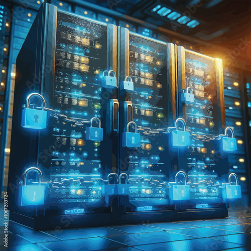 Network server rack with glowing locks and protective barriers