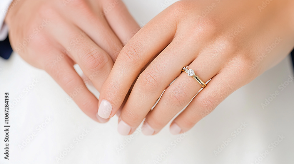 A woman is holding her hand up to show off her wedding ring A woman is holding her hand up to show off her wedding ring