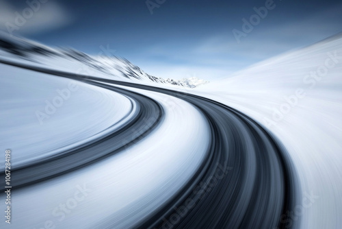 Asphalt road among snowdrifts. Speed ​​effect on photo