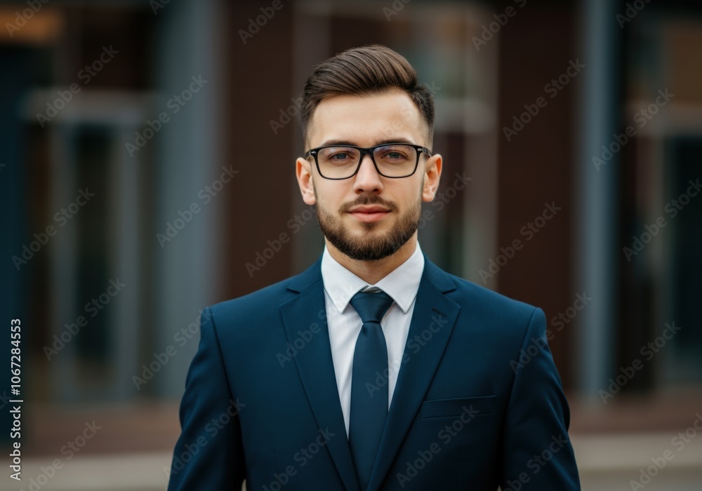 Fototapeta premium Young Man in a Suit and Glasses Looking at the Camera