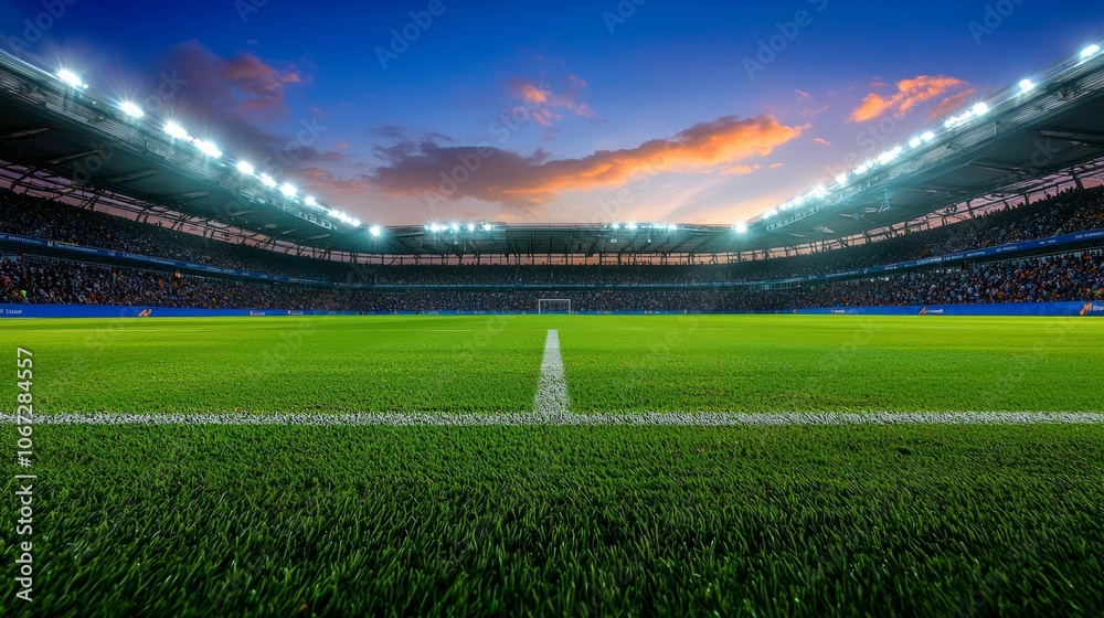 Fans fill stadium stands eagerly watching match unfold field as floodlights illuminate vibrant evening sky creating electric atmosphere. Fans fill stadium stands eagerly watching match unfold field as floodlights illuminate vibrant evening sky creating electric atmosphere.