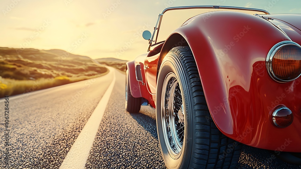 Retro Sports Car Close Up with Sunlit Road Background Retro Sports Car Close Up with Sunlit Road Background