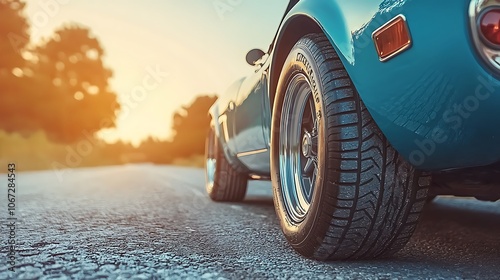 Retro Sports Car Close-Up of Tires at Sunset