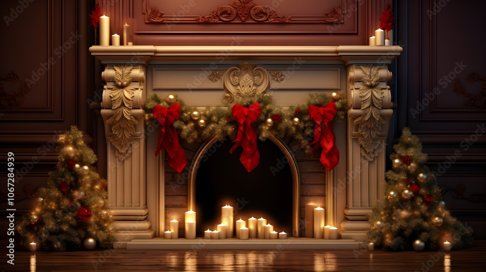 Fototapeta premium Festive Christmas Fireplace with Decorated Mantle and Lit Candles