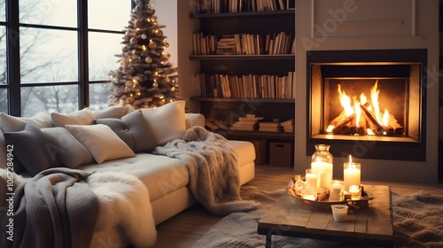 Cozy Living Room with Fireplace Christmas Tree and Candles