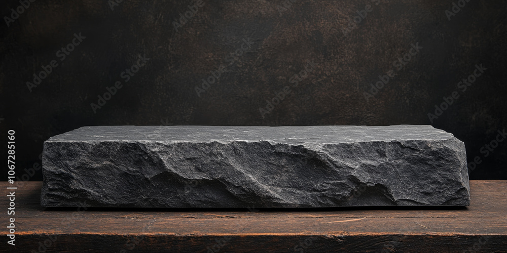 Dark slate grey stone podium with rough texture, perfect for bold and rustic product display Dark slate grey stone podium with rough texture, perfect for bold and rustic product display