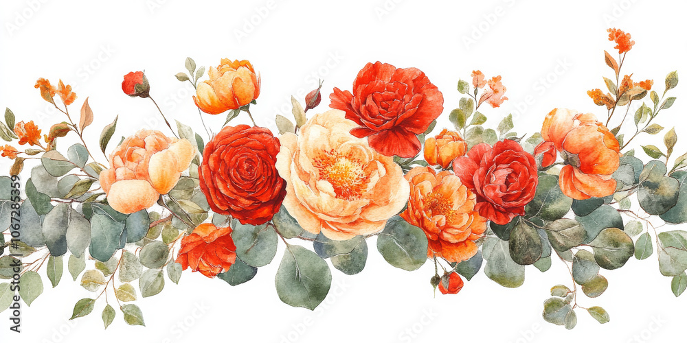 Soft watercolor arrangement of orange flowers, red roses, and peach peonies in a eucalyptus leaf border, forming a natural frame for invitations and greeting cards