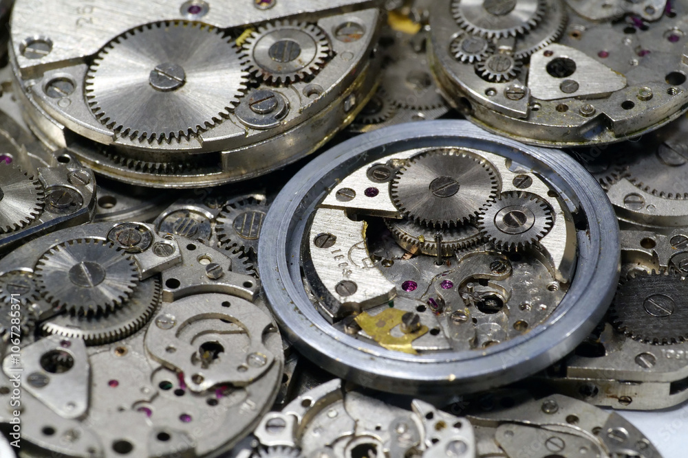 Old mechanical watches with gears and cogs. Watch or clock mechanisms Old mechanical watches with gears and cogs. Watch or clock mechanisms